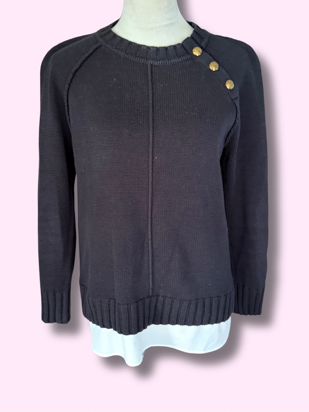 Lauren Ralph Lauren Black Layered Crewneck Sweater Gold Buttons Size M